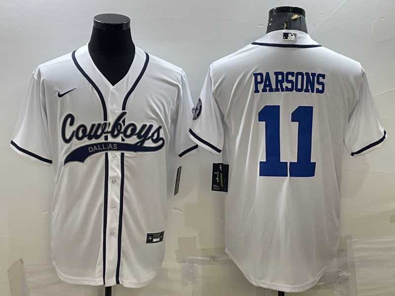 Mens Dallas Cowboys #11 Micah Parsons White With Patch Cool Base Stitched Baseball Jersey